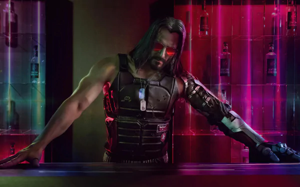 Cyborg Johnny Silverhand from Cyberpunk 2077 stands in a neon-lit room, featuring detailed armor and a mechanical arm, captured in stunning 4K Ultra HD quality.