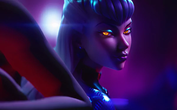 K/DA's Evelynn in neon K-pop lighting, glowing eyes and sultry pose — 4K Ultra HD League of Legends PC wallpaper.