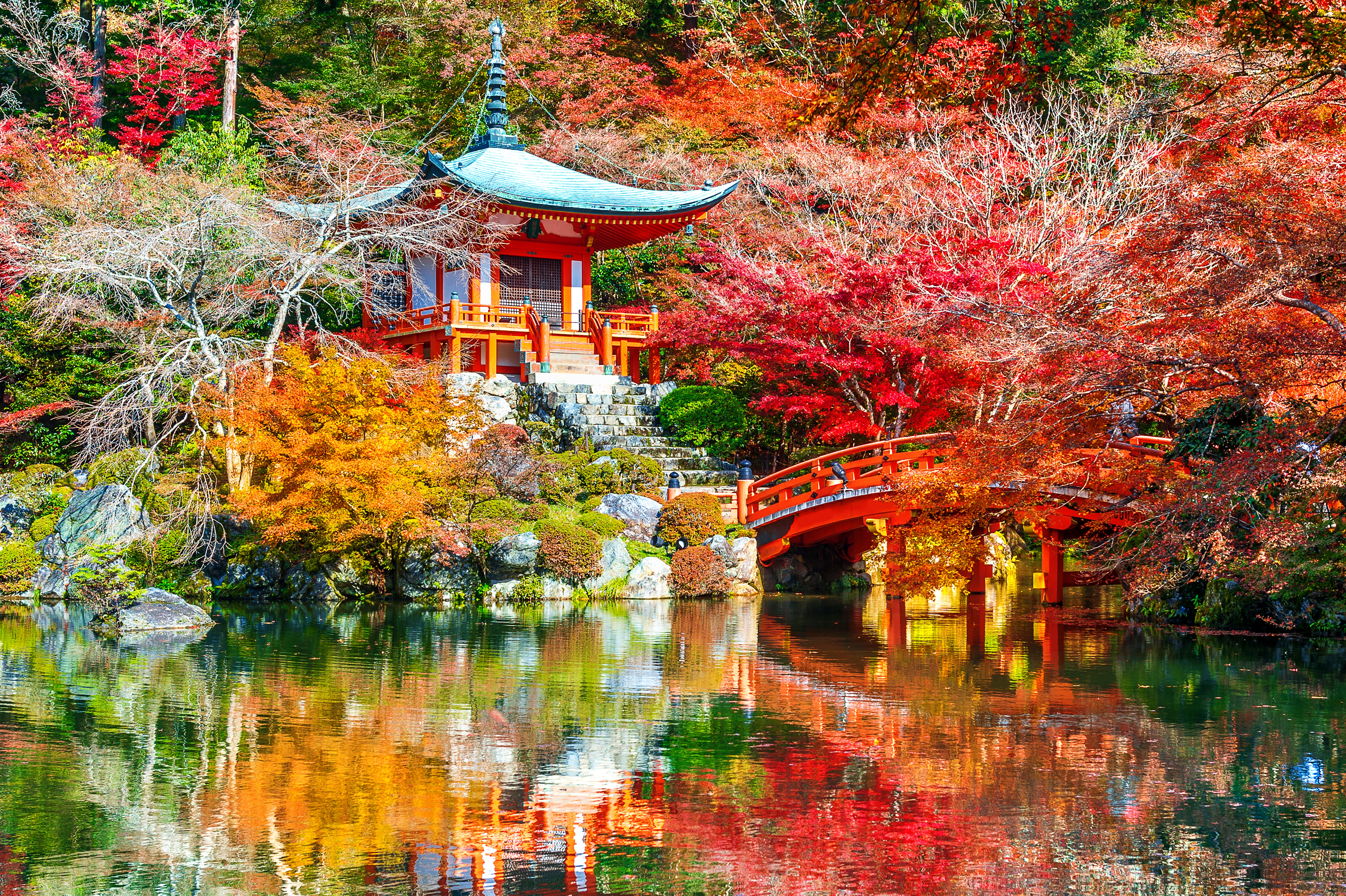 Scenic view of autumn foliage reflected in a serene lake with a traditional bridge, captured at Daigo-ji Park in Kyoto, Japan.