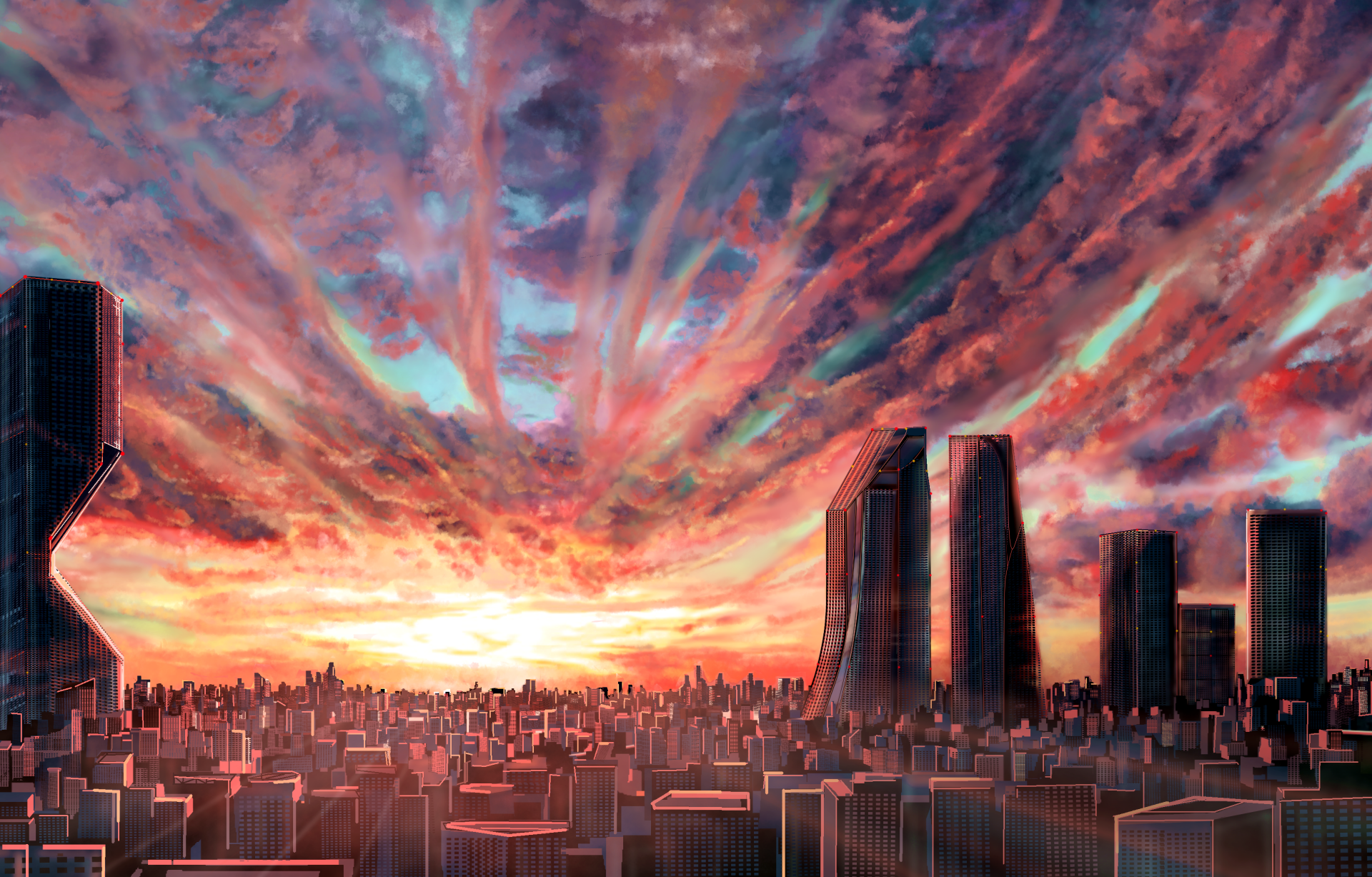 Download Sky Cloud Sunset Cityscape Anime City Anime Sunset Sky Anime Anime City HD Wallpaper by へびたん