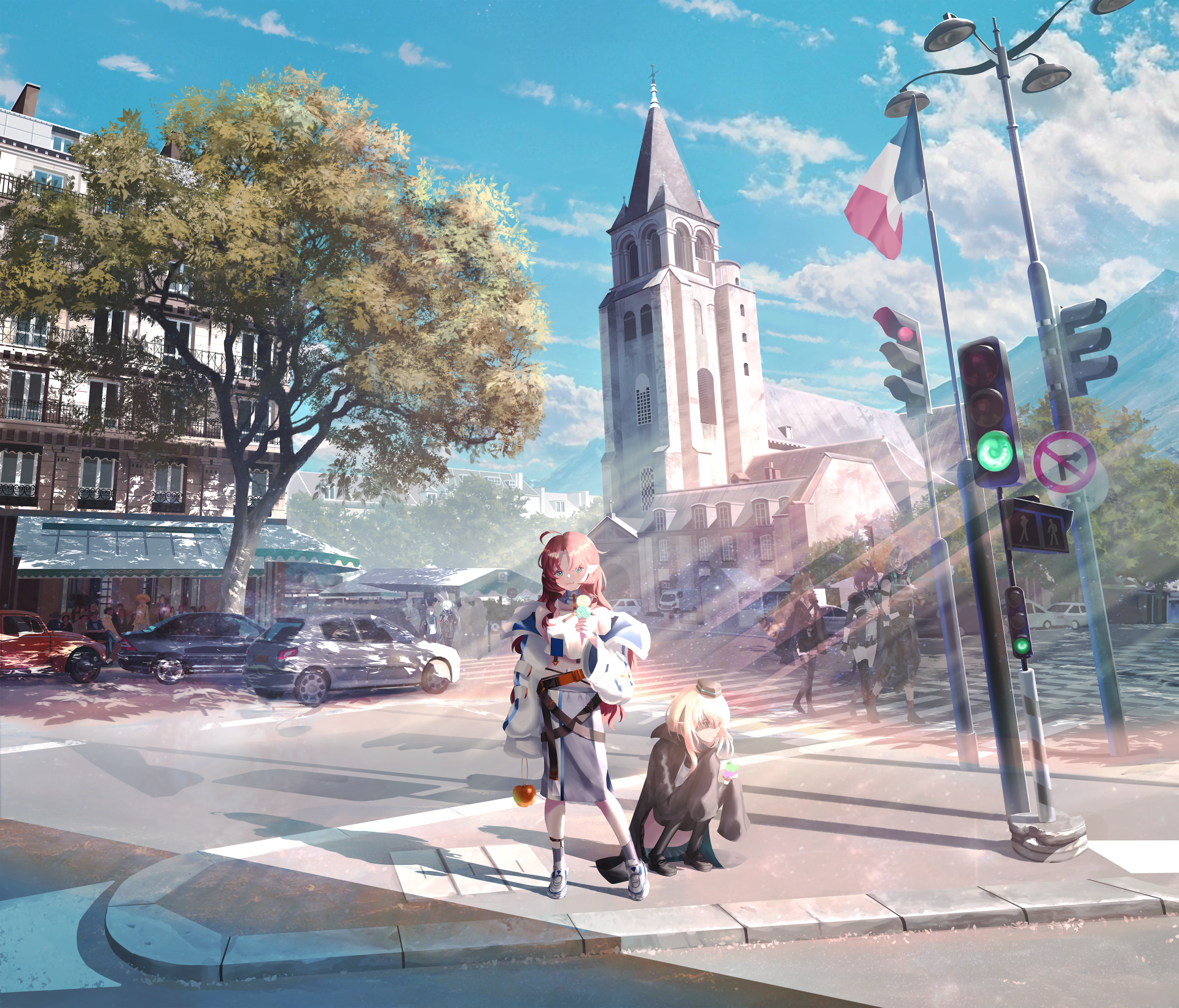 4K Ultra HD Arknights desktop wallpaper featuring characters Swire, Savage, Myrtle, Hoshiguma, Durin, Ch'en, and Amiya in a detailed city street scene.