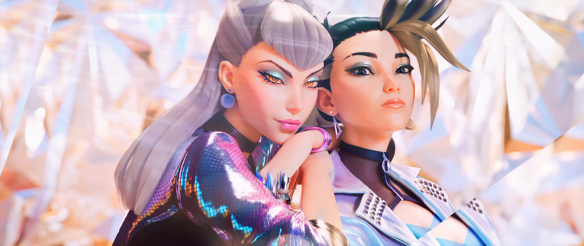 4K Ultra HD PC wallpaper featuring K/DA's Akali and Evelynn from League of Legends, styled in vibrant K-pop inspired outfits.