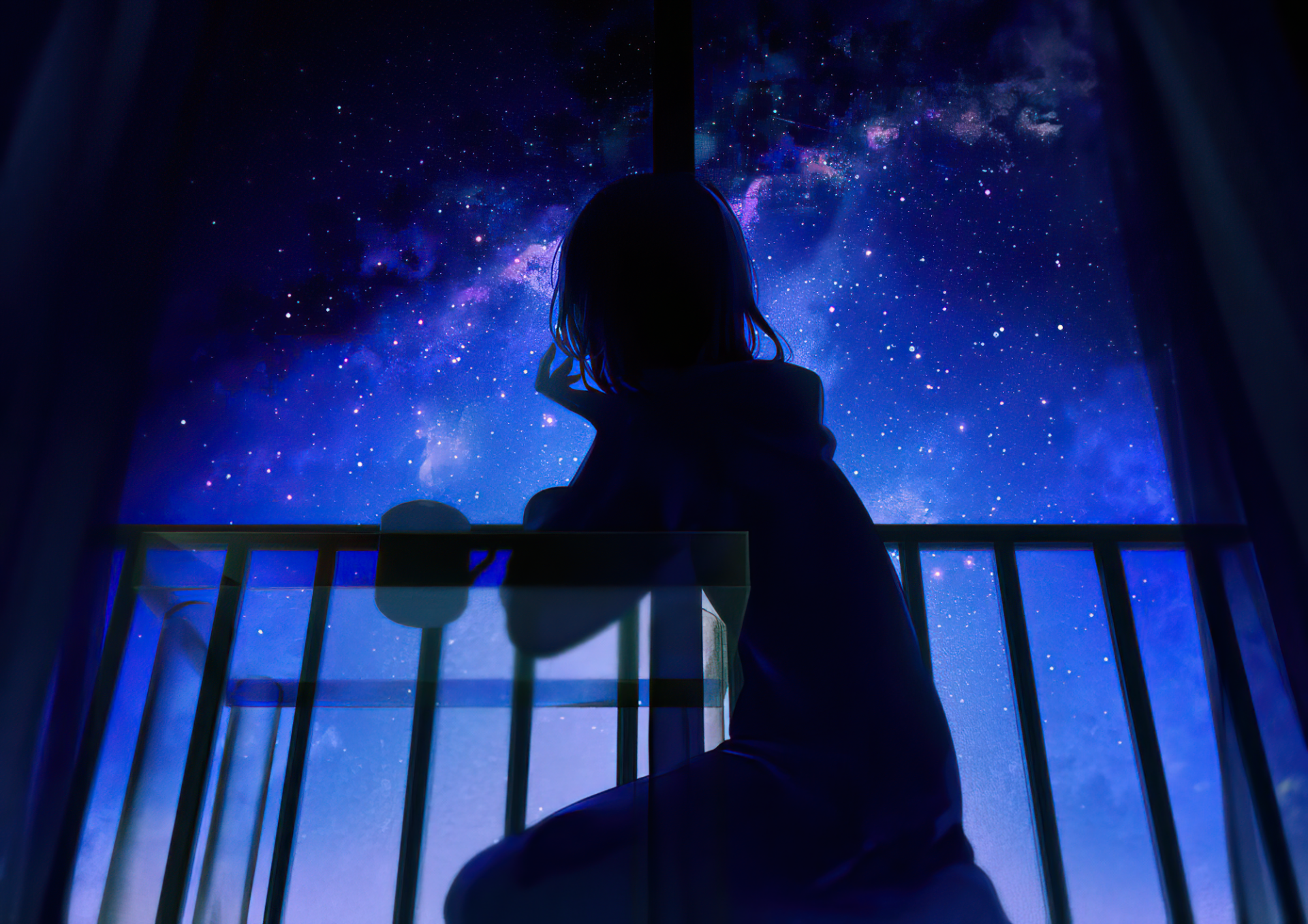 Anime girl silhouetted against a vibrant starry night sky, captured in stunning HD as a desktop wallpaper and background.