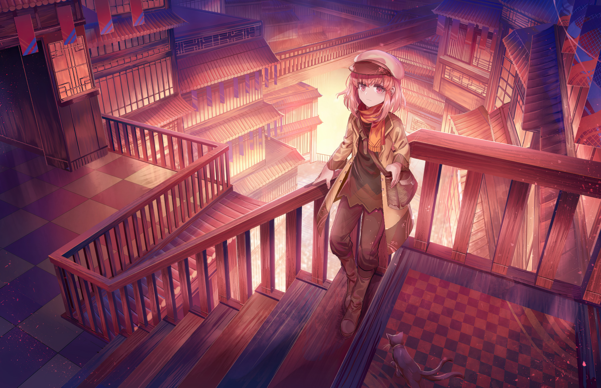 Download Anime Girl Stairs Room Passage Cat Town Anime Girl Anime Room Anime Cat HD Wallpaper by しちがつ