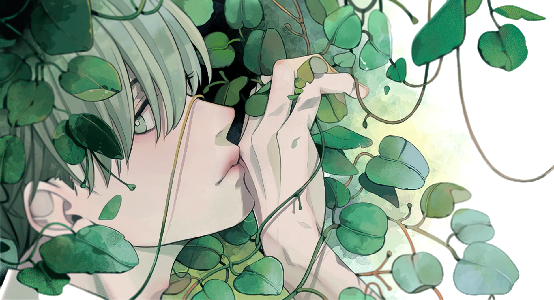 HD anime wallpaper featuring a close-up of an anime boy partially hidden among lush green leaves and vines, blending nature with serene expression.