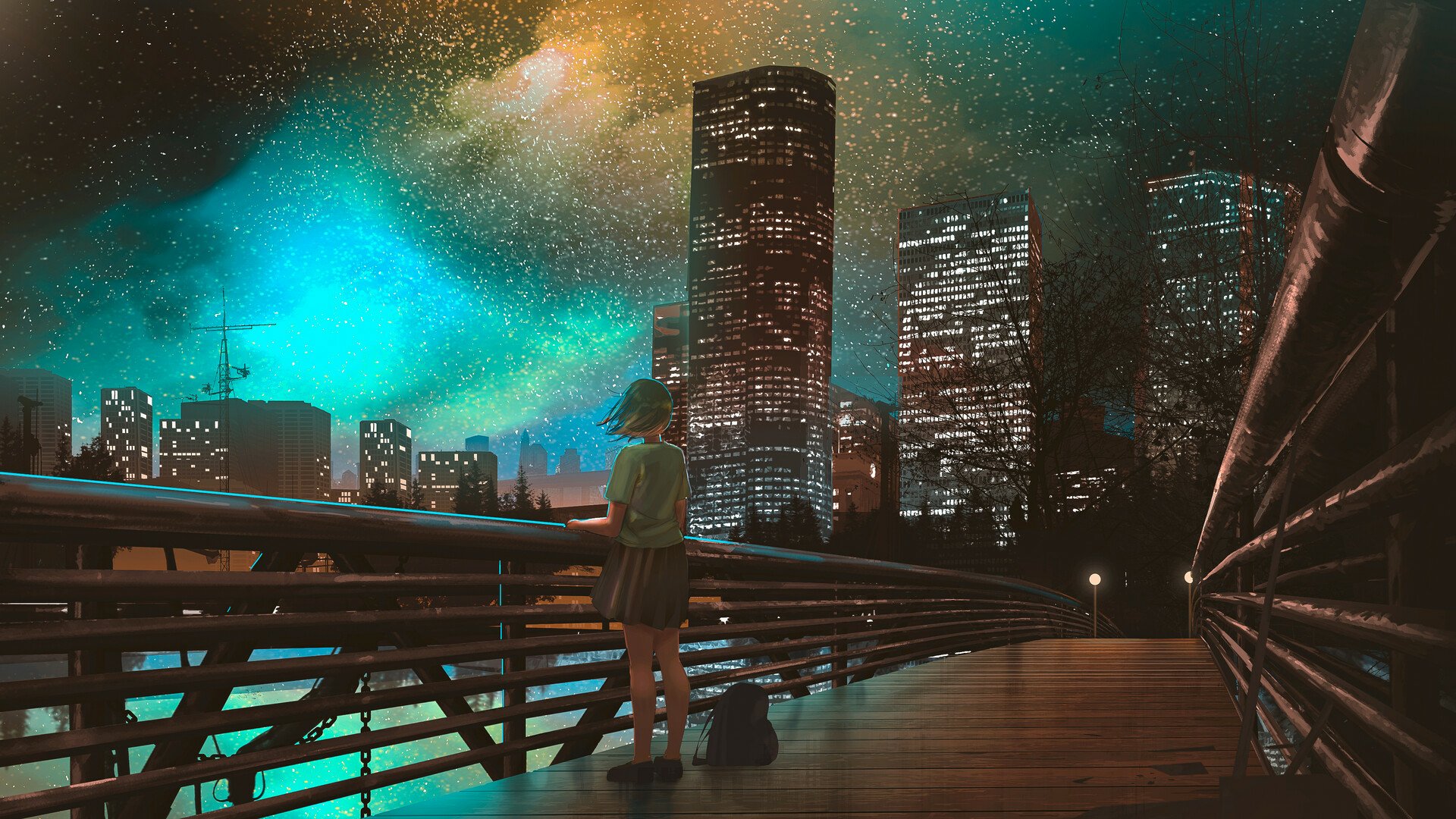 Anime girl stands on a city bridge at night under a starry sky, with illuminated skyscrapers creating a vibrant, atmospheric HD PC desktop wallpaper background.