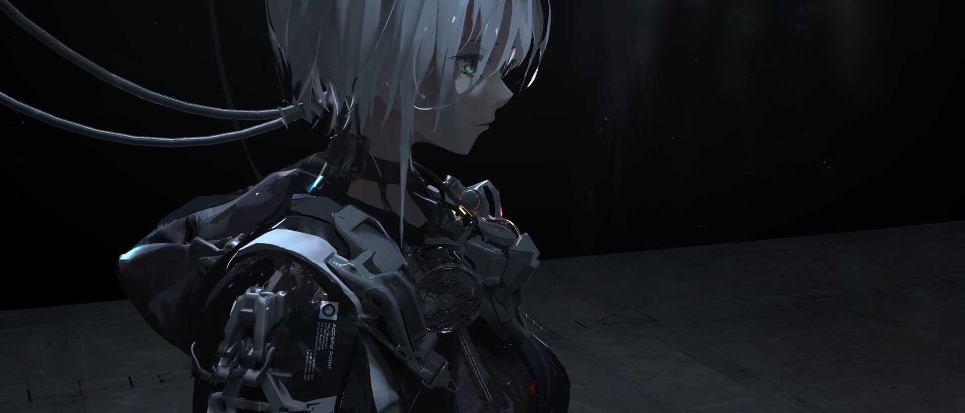 2K Quad HD PC desktop wallpaper: profile of a short white-haired anime girl in a dark futuristic cybernetic suit, glowing eyes and mechanical details.