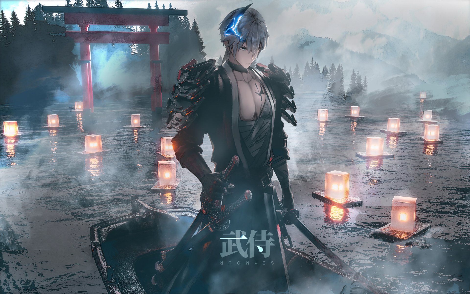 Download Lantern Water Boat Torii Ronin Fantasy Samurai HD Wallpaper by 塞戮尔