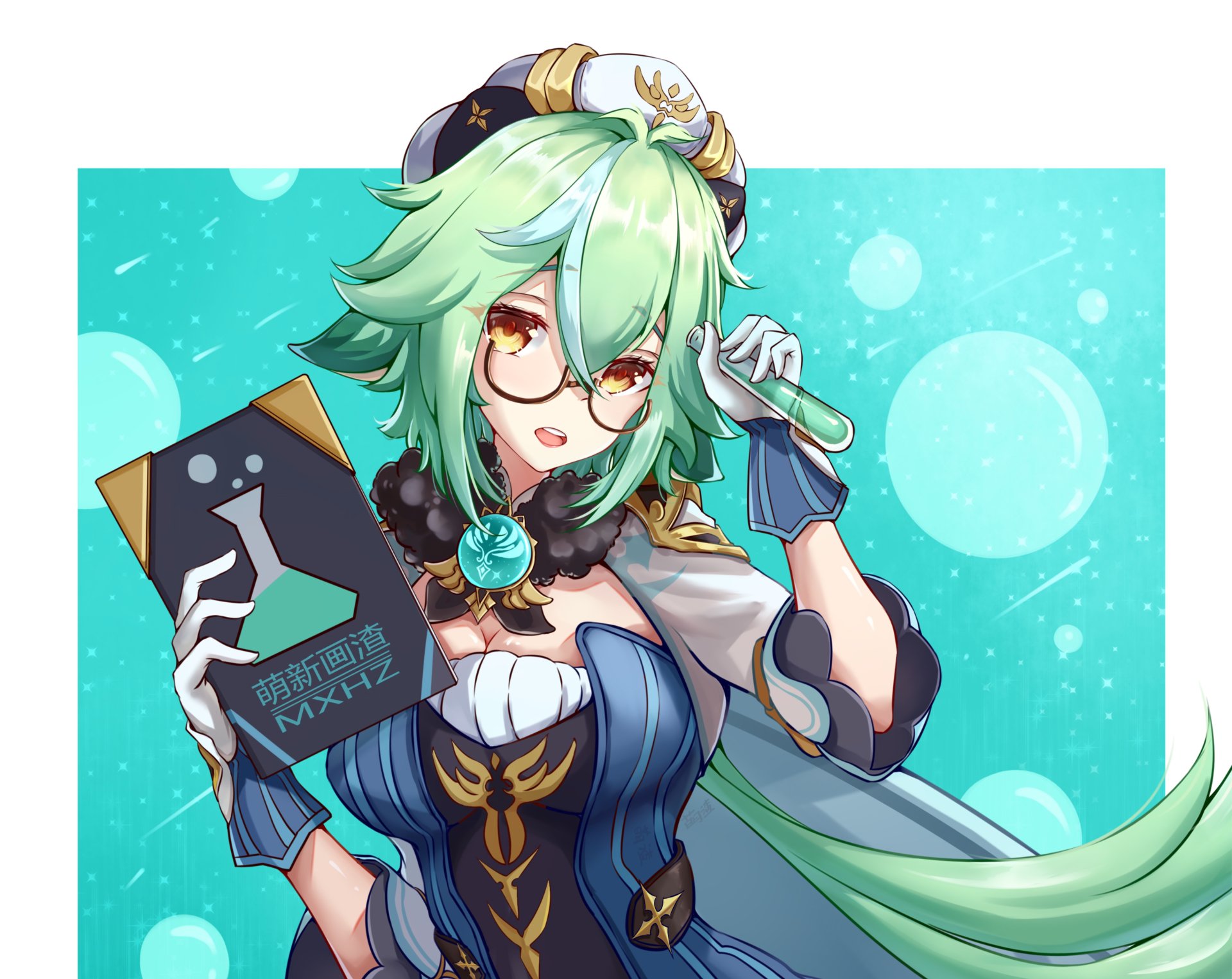 4K Ultra HD PC desktop wallpaper of Sucrose from the video game Genshin Impact — green-haired alchemist in glasses holding a book against a teal bokeh background.