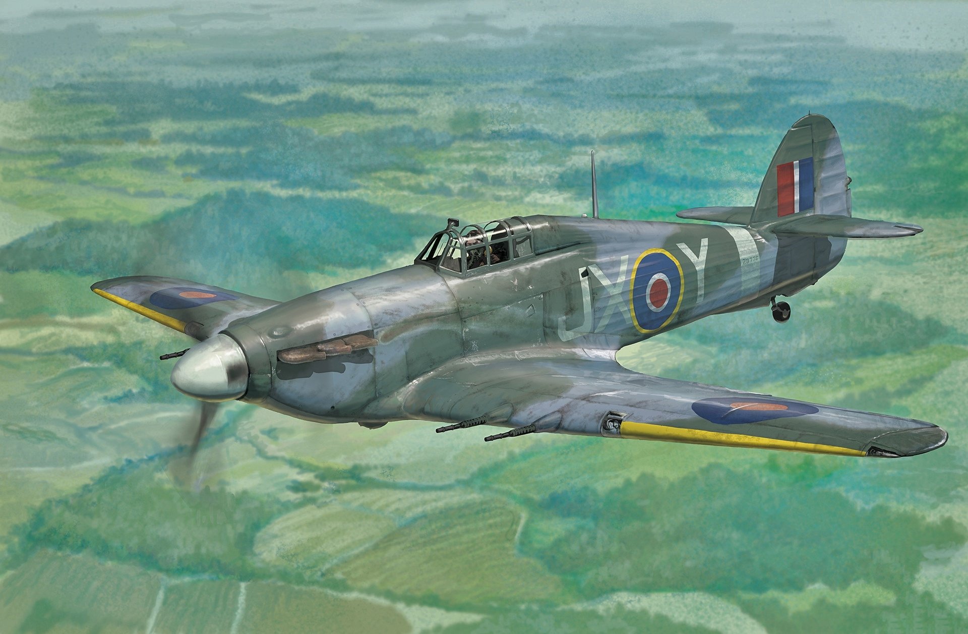 HD PC desktop wallpaper of a military Hawker Hurricane warplane aircraft flying over patchwork green countryside, RAF roundels on fuselage and wings.