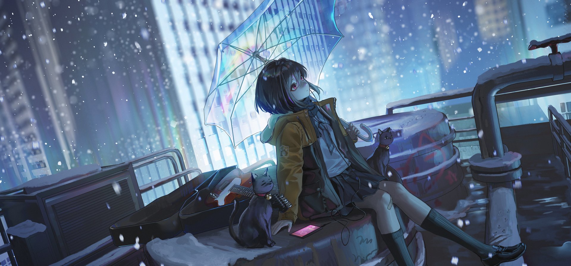 HD anime wallpaper of a girl with red eyes, black hair, and a school uniform skirt sitting with a black cat under a transparent umbrella in a snowy urban night scene.