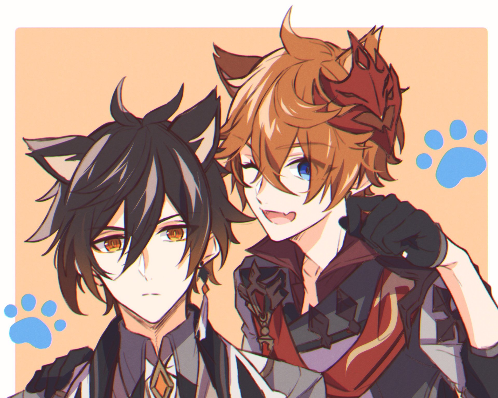 HD PC desktop wallpaper featuring Zhongli and Tartaglia Childe from Genshin Impact with animal ears, set against a soft peach background with blue paw prints.