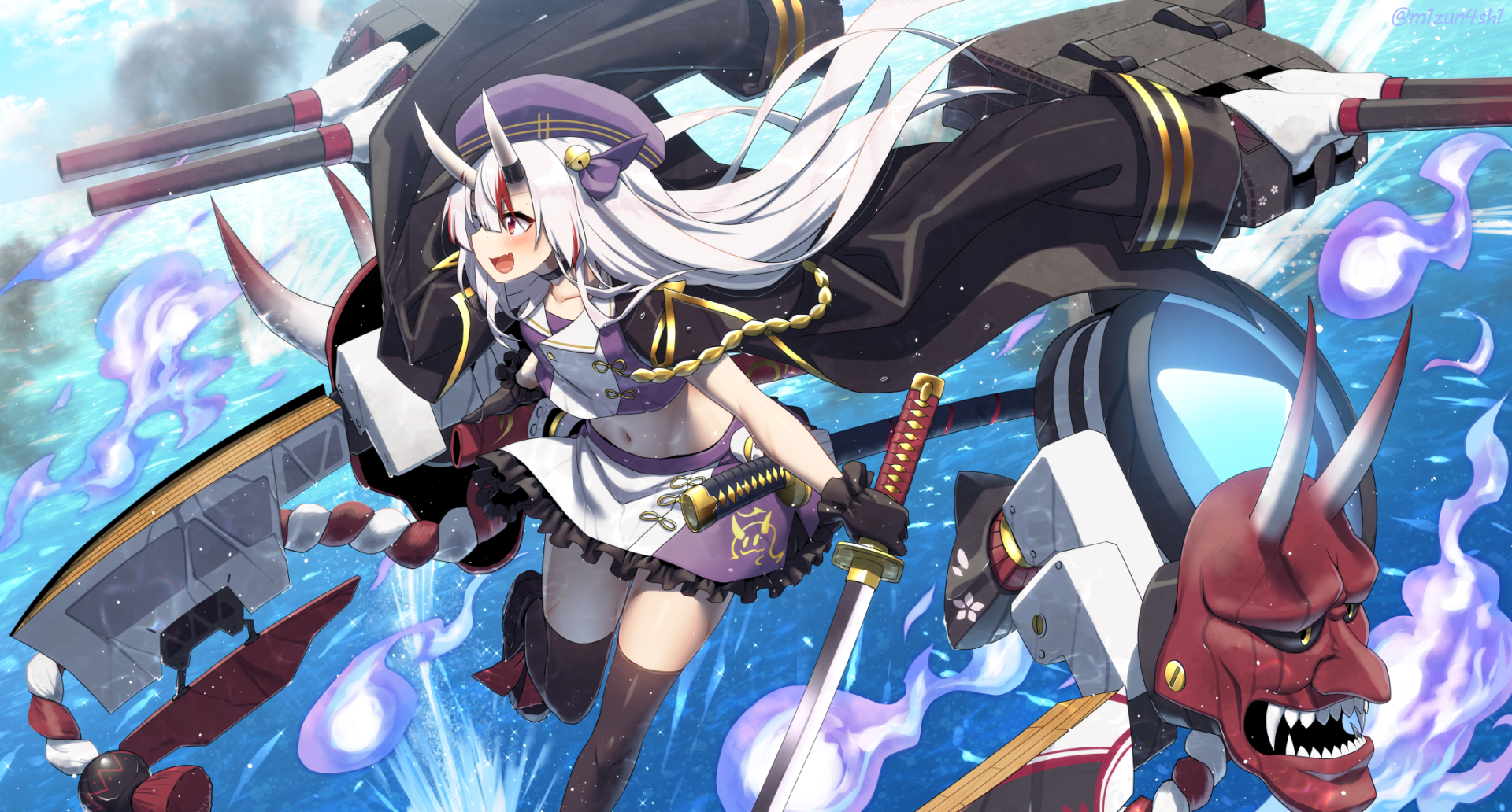 HD PC wallpaper featuring Nariki Ayame from hololive and Azur Lane in an anime-style crossover, showcasing dynamic action and vibrant colors.