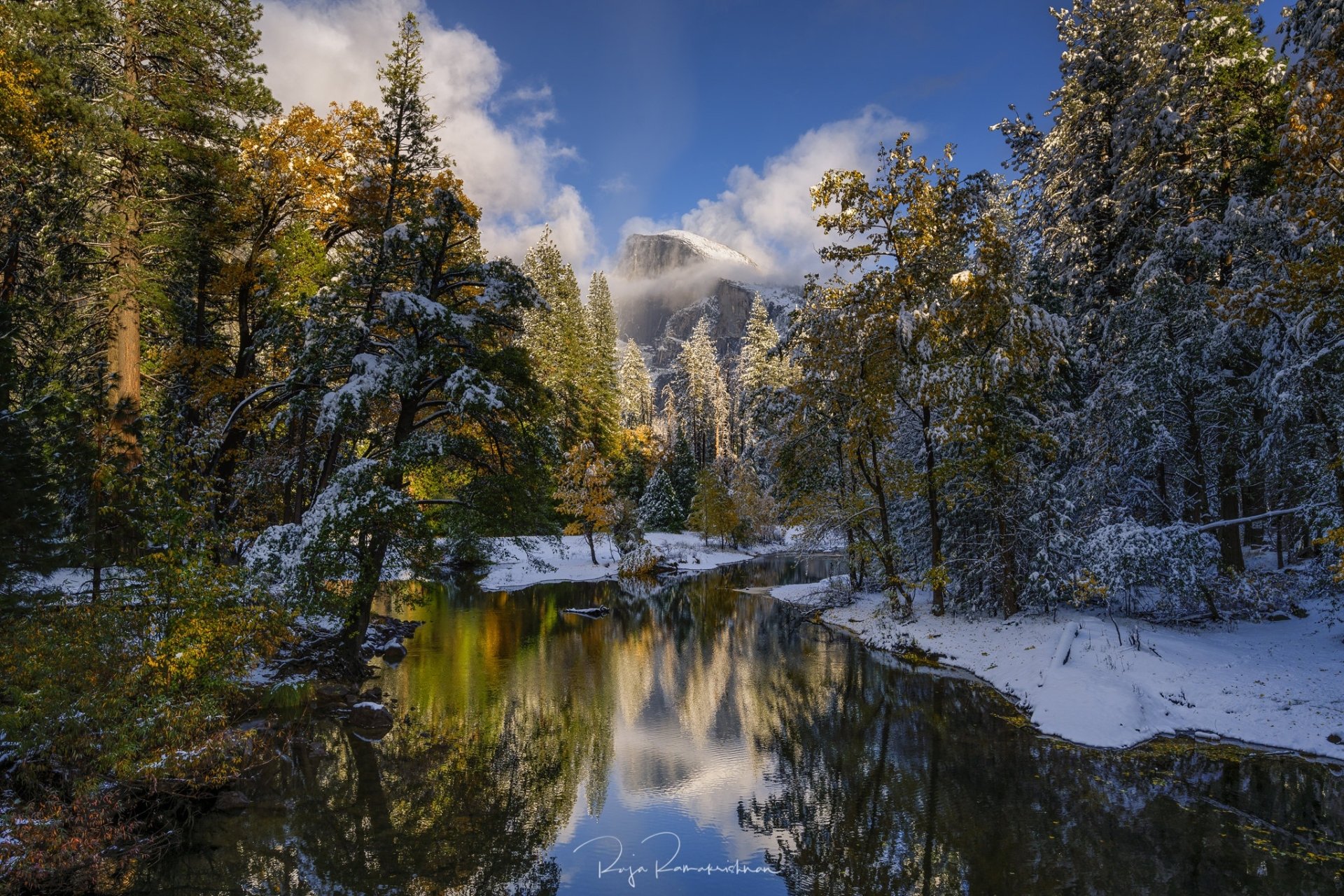 Download Merced River Sierra Nevada California Mountain River Reflection Snow Forest Nature Yosemite National Park Snowy Mountain HD Wallpaper by Raja Ramakrishnan