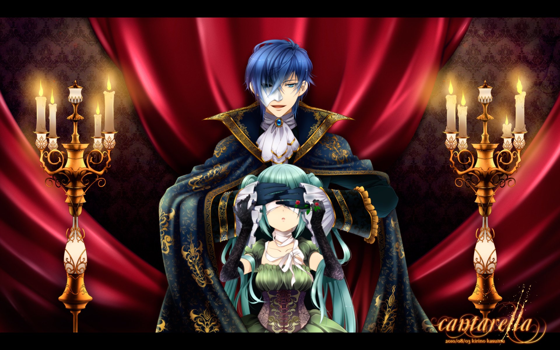 Anime Vocaloid HD PC wallpaper: blue-haired man in a regal cloak stands behind a seated teal twin‑tailed girl before red velvet drapes, illuminated by ornate golden candelabras.