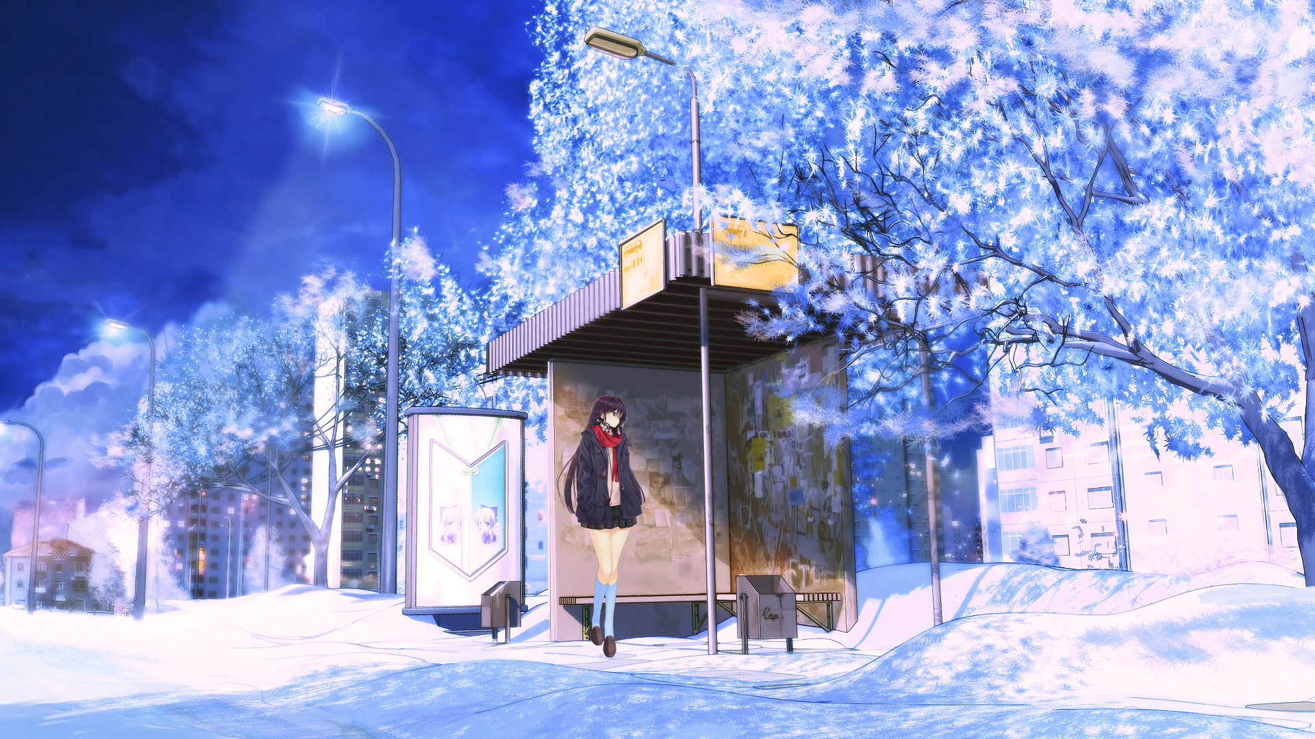 Winter scene featuring a Touhou anime girl standing at a snowy bus stop under blooming trees, captured in vibrant HD for desktop wallpaper and background use.