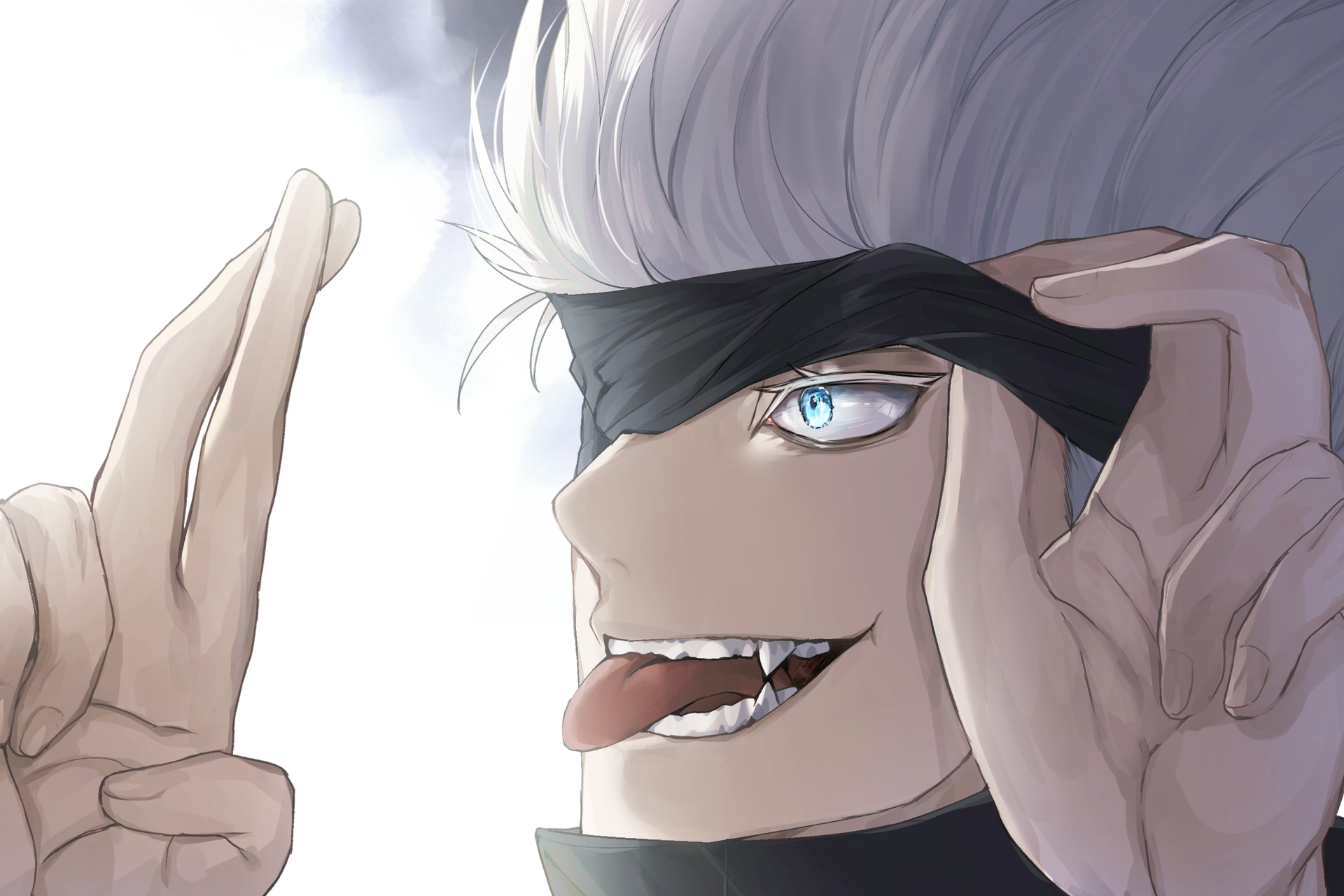 HD wallpaper of Satoru Gojo from Jujutsu Kaisen, featuring his distinctive white hair and blue eyes. In the image, he's shown with a playful expression, sticking out his tongue and adjusting his blindfold.