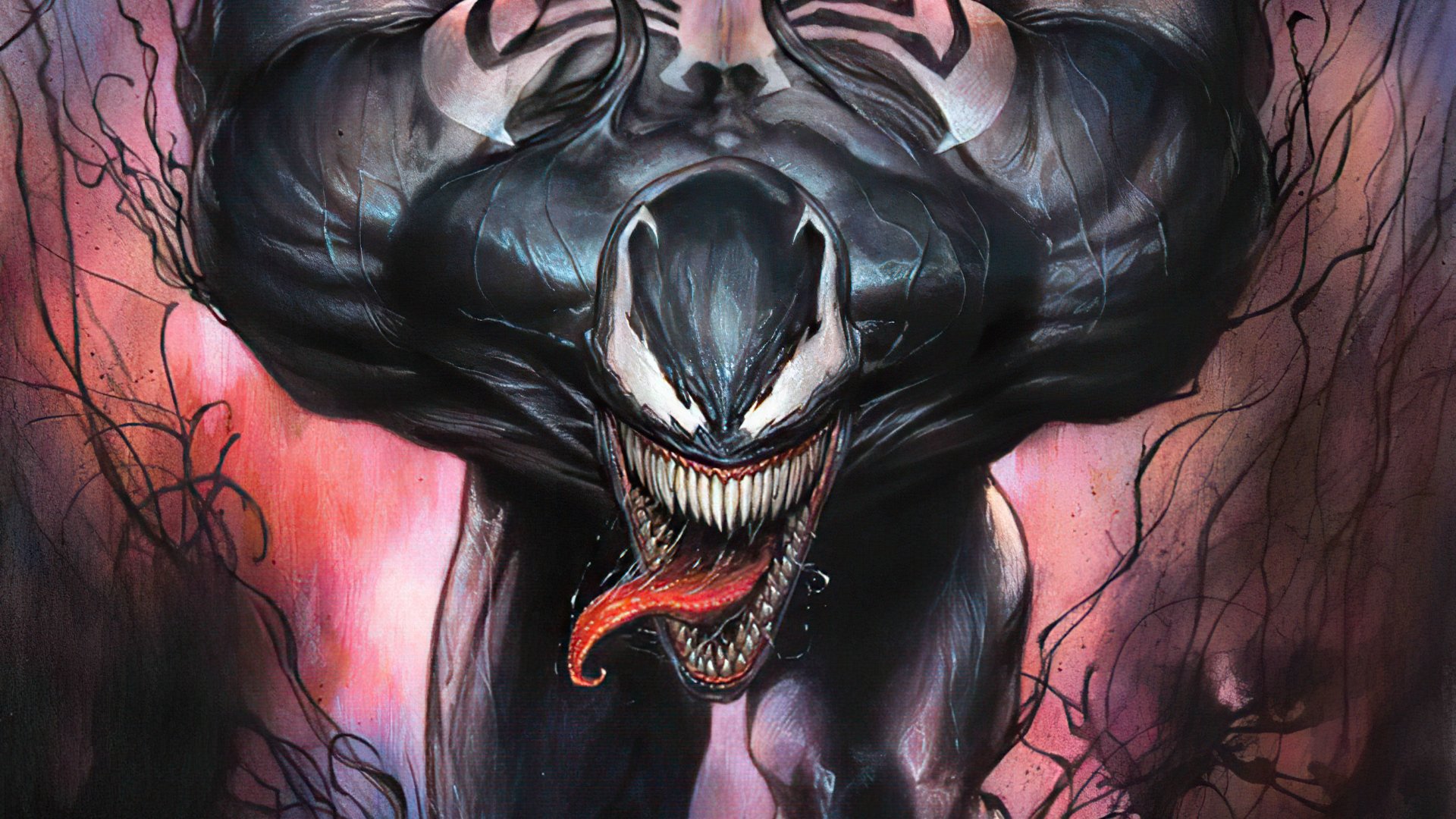 Comic Venom snarling with long tongue and jagged teeth, glossy black symbiote muscles and swirling dark tendrils against a moody pink-red background — 4K Ultra HD PC desktop wallpaper.