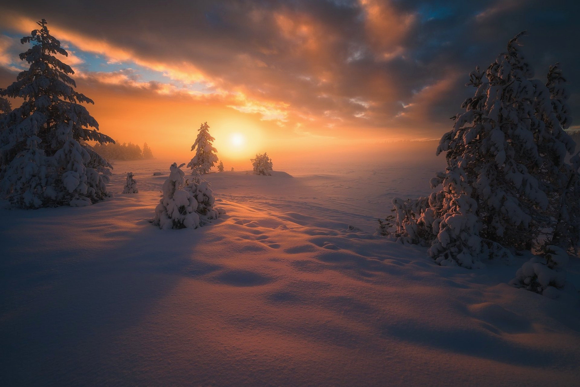 Download Snow Sunset Nature Winter HD Wallpaper