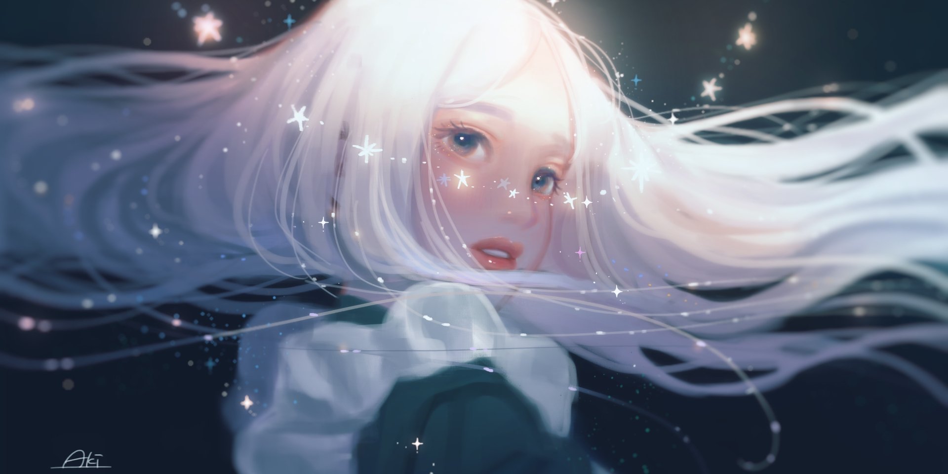Anime girl with flowing long white hair, sparkling stars surrounding her, rendered in stunning 4K Ultra HD for a PC desktop wallpaper.