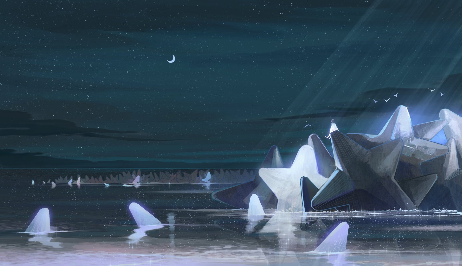 Anime-style night scene with glowing star-shaped objects scattered on a reflective surface under a crescent moon, rendered in 4K Ultra HD for PC desktop wallpaper.