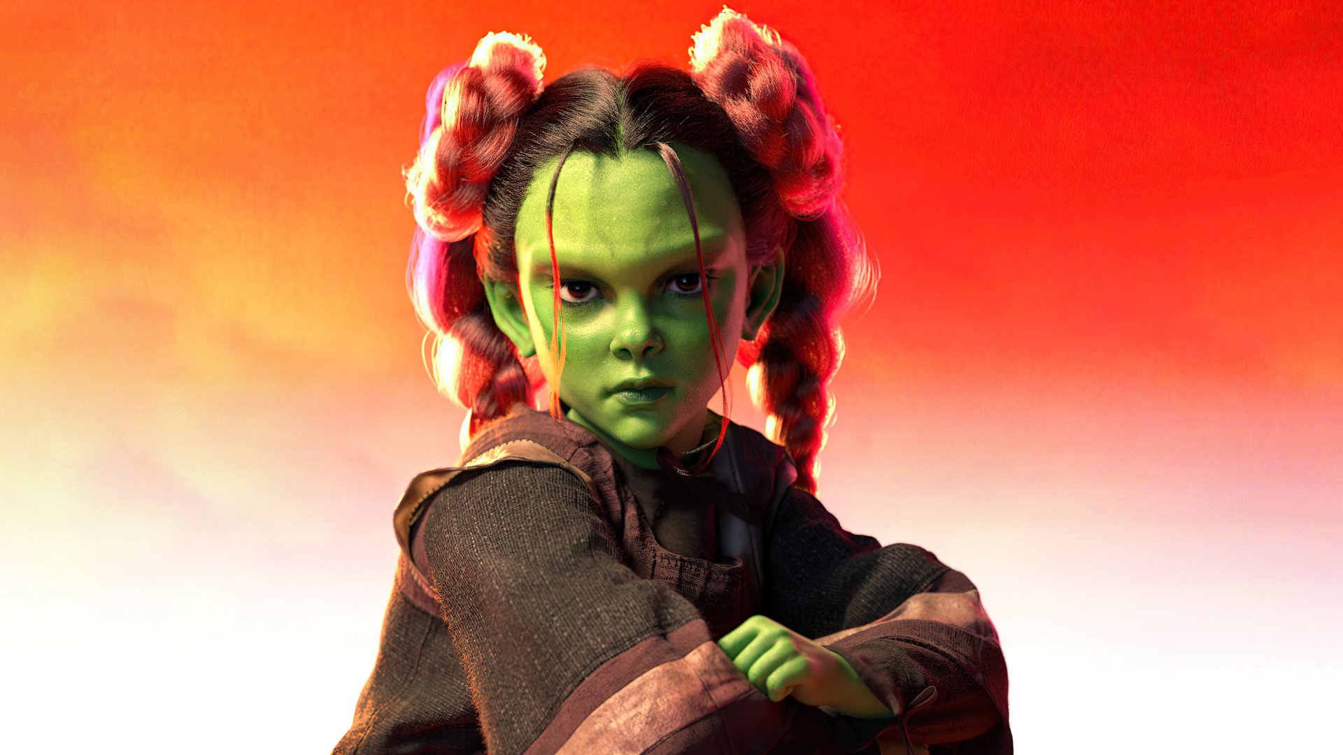 4K Ultra HD PC desktop wallpaper of Gamora (movie Avengers: Endgame) — green-skinned warrior with braided hair and crossed arms against a warm red-orange gradient background.