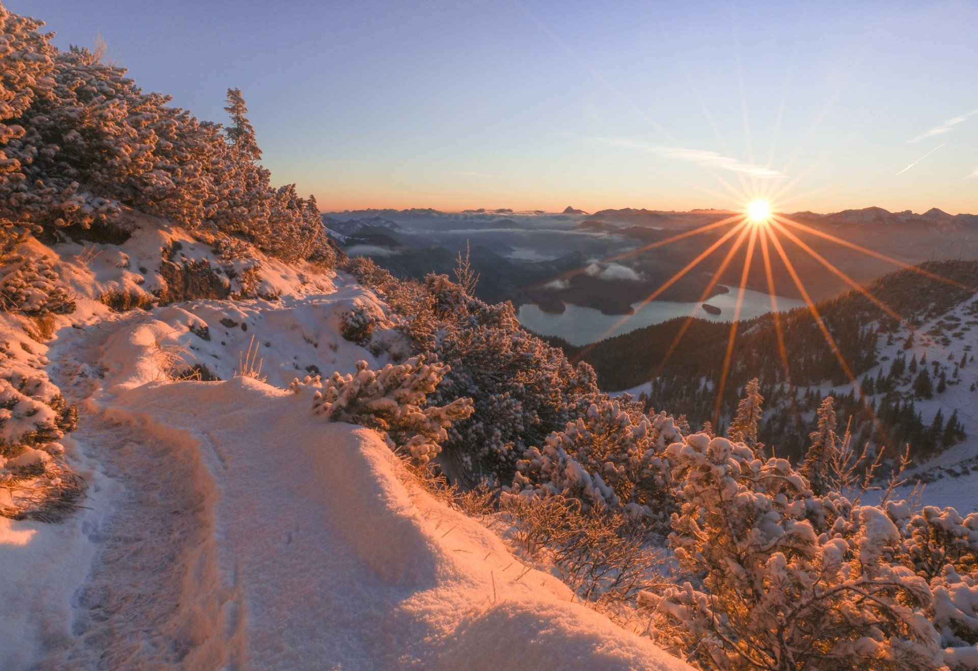Download Bavarian Alps Bush Path Bavaria Germany Mountain Sunset Snow Winter Nature Sunbeam Snowy Mountain Winter Sunset HD Wallpaper