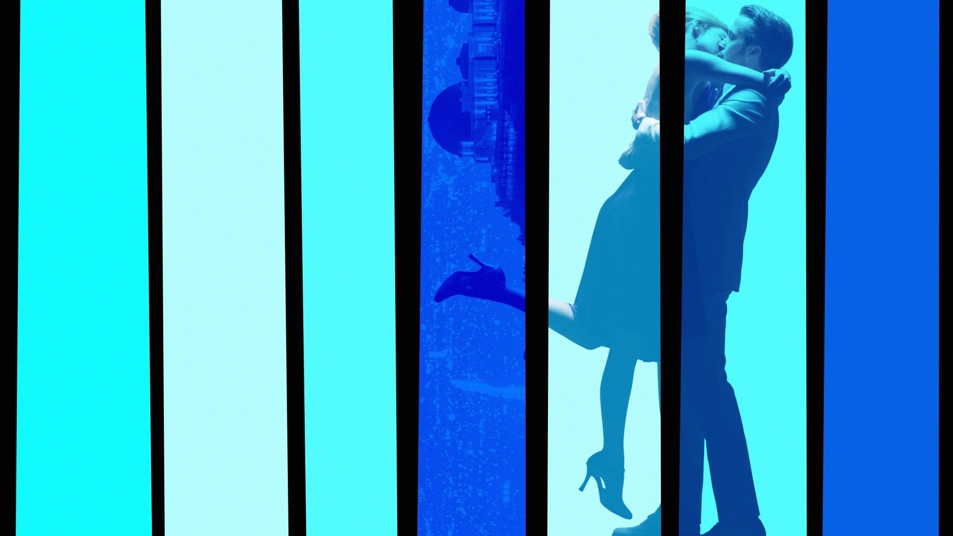 Silhouetted couple dancing and embracing behind vertical turquoise bars — La La Land 4K Ultra HD PC desktop wallpaper and background.