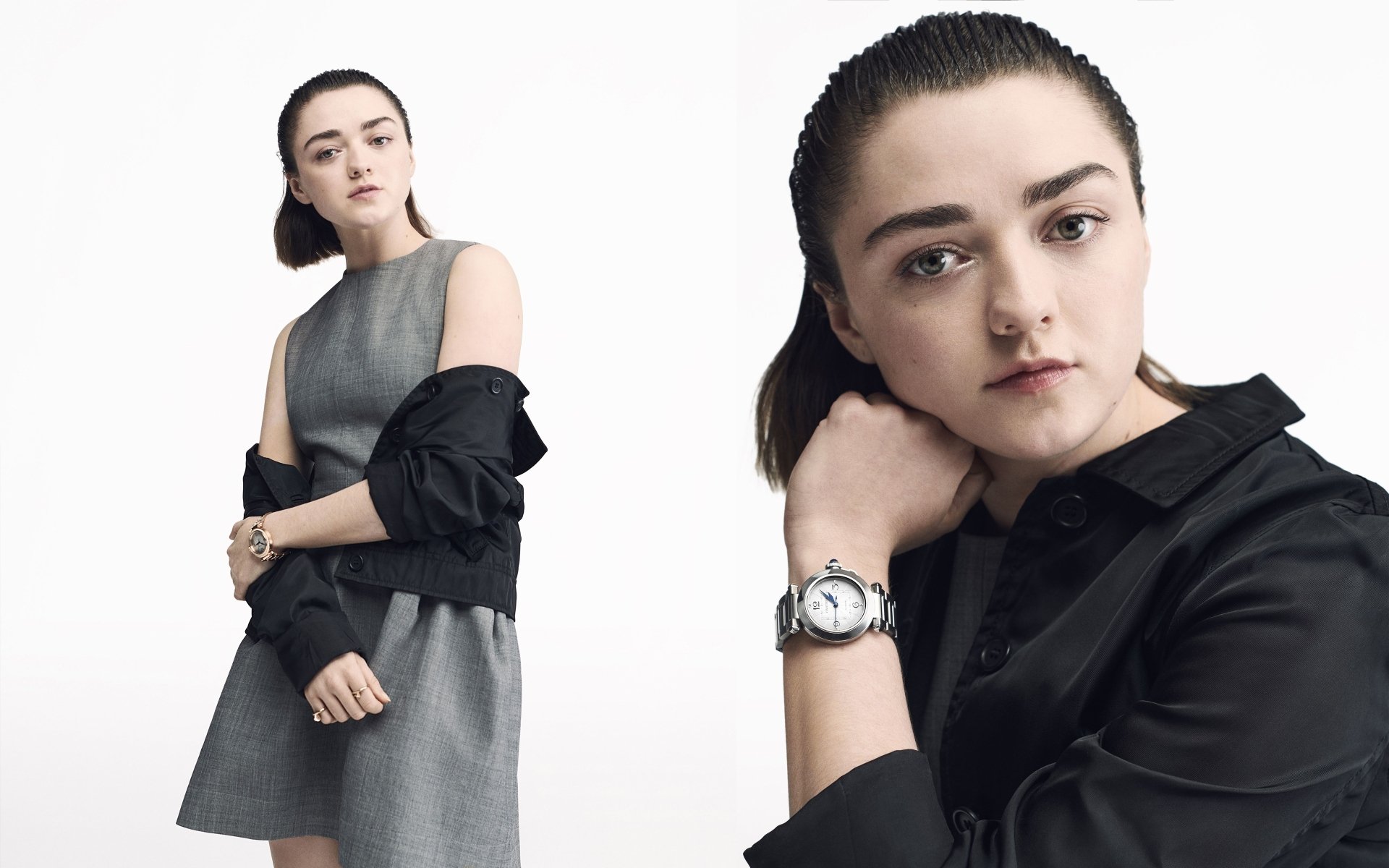 High-resolution 4K Ultra HD wallpaper featuring actress Maisie Williams wearing a stylish wristwatch and contemporary outfit against a clean white background.