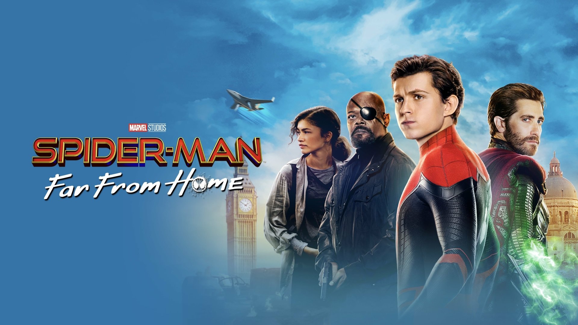 4K Ultra HD Spider-Man: Far From Home wallpaper featuring Tom Holland as Peter Parker, Zendaya as MJ, Nick Fury, and Mysterio against a London skyline backdrop.