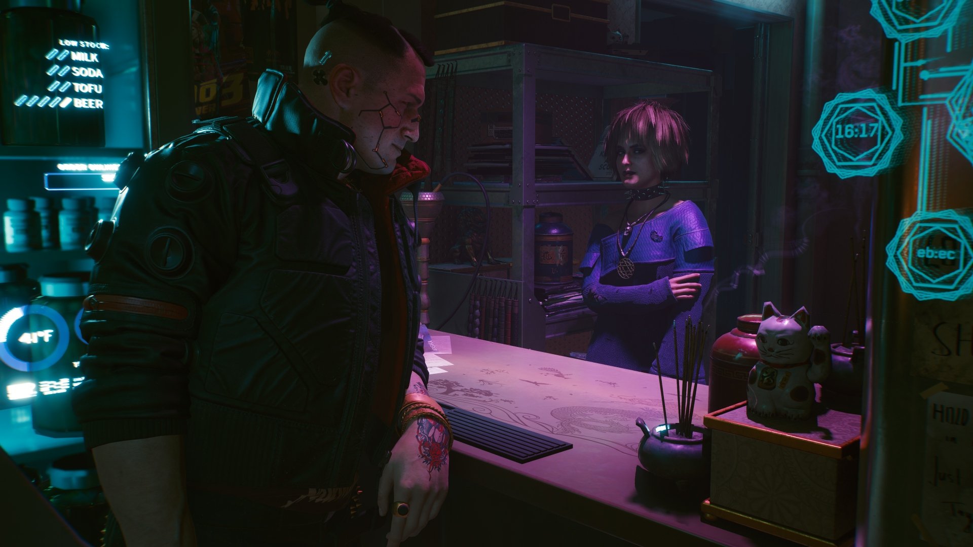 A 4K Ultra HD Cyberpunk 2077 PC desktop wallpaper featuring two characters in a dimly lit, futuristic interior with holographic displays.