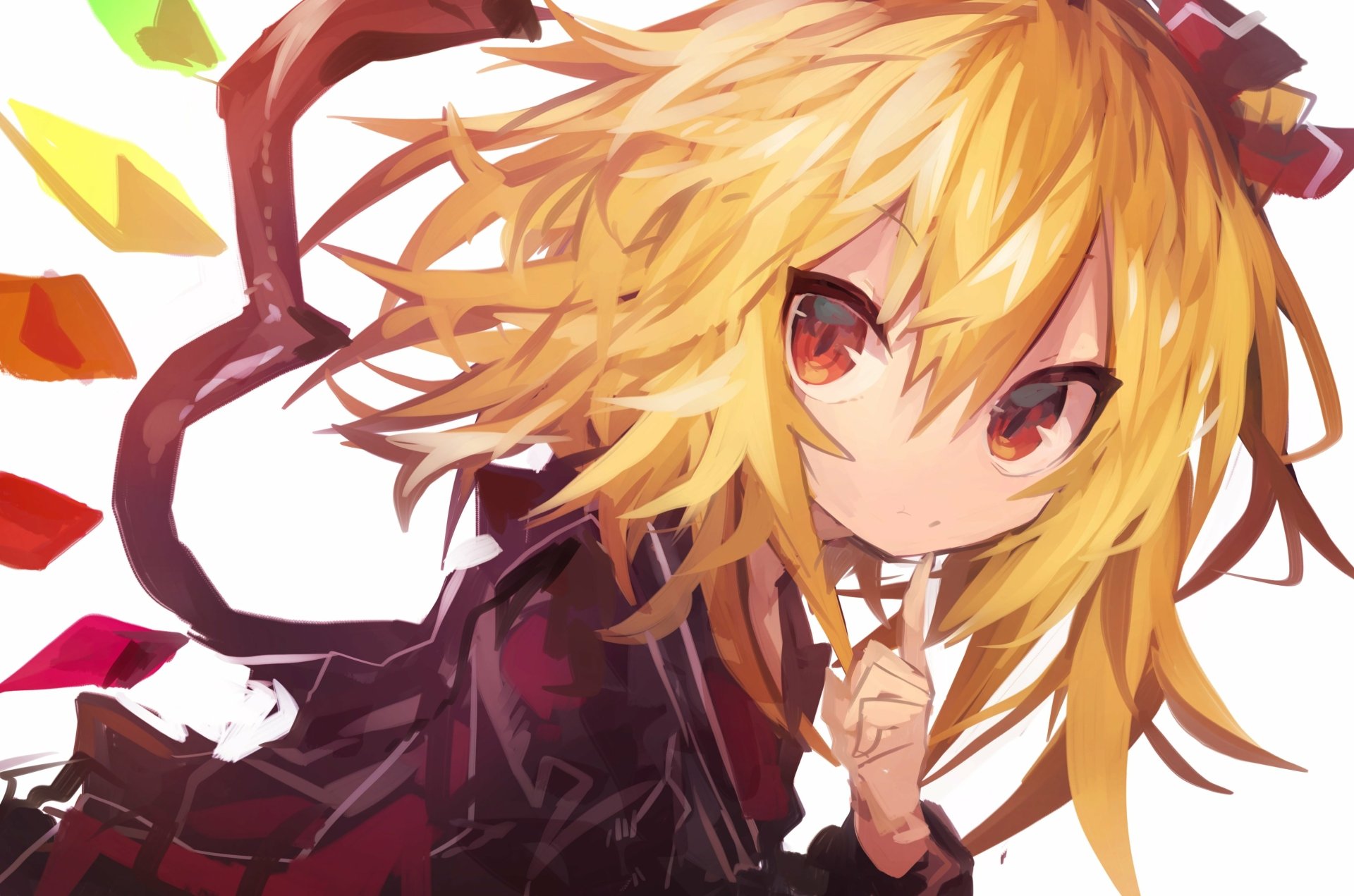 Flandre Scarlet (Touhou) — 4K Ultra HD anime PC desktop wallpaper: blonde, red‑eyed girl in a dark dress, finger to her lips, multicolored crystal fragments forming a wing.