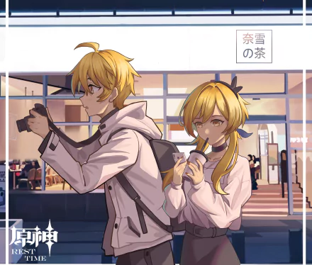 HD desktop wallpaper featuring Lumine and Aether from the video game Genshin Impact, both with blonde hair and yellow eyes, in a modern urban setting.
