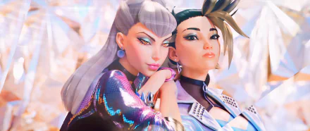 4K Ultra HD PC wallpaper featuring K/DA's Akali and Evelynn from League of Legends, styled in vibrant K-pop inspired outfits.