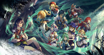 HD desktop wallpaper featuring Lisa, Sucrose, Kaeya, Barbara, Diluc, Amber, Jean, Klee, and Venti from the video game Genshin Impact.