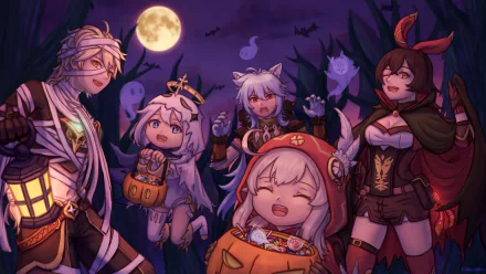 5K UHD Genshin Impact PC desktop wallpaper: Aether, Keqing, Paimon, Klee and Amber in Halloween costumes, holding candy and lanterns under a full moon in a spooky forest.