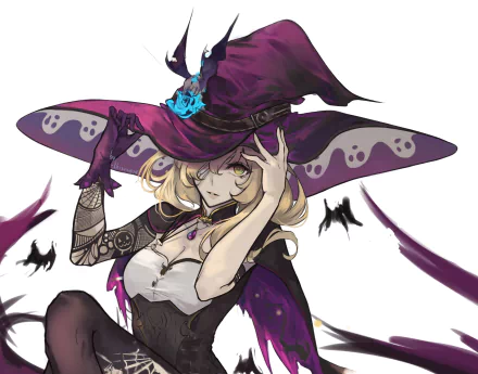 HD desktop wallpaper featuring Lisa from the video game Genshin Impact, dressed in her witch attire with a large purple hat and mystical accessories.