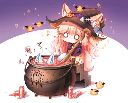 Anime-style witch with pink hair and cat ears stirring a bubbling cauldron, surrounded by Halloween-themed elements in a vibrant HD PC desktop wallpaper.