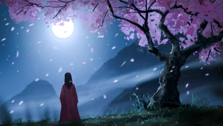 Anime girl stands beneath a blooming tree at night, illuminated by a glowing full moon in this HD PC desktop wallpaper and background.