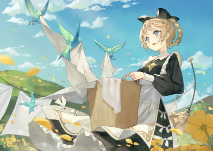 Anime girl with blonde braided hair and blue eyes in a maid outfit holds laundry as colorful birds fly around her in a bright, scenic 4K Ultra HD background.
