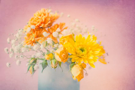 HD desktop wallpaper featuring a bouquet of yellow chrysanthemum, rose, and delicate baby's breath flowers against a soft pink background.