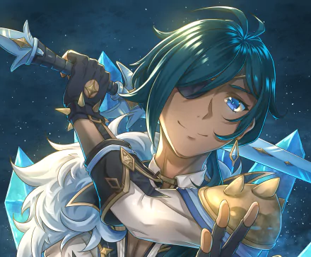 blue hair eye patch Kaeya (Genshin Impact) video game Genshin Impact HD Desktop Wallpaper | Background Image