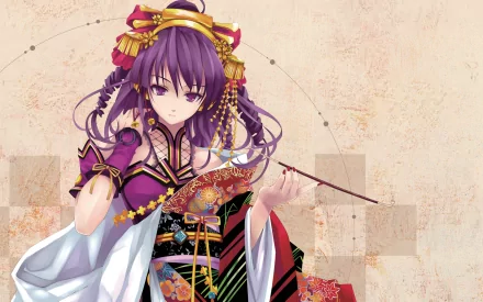 HD desktop wallpaper featuring a character in a detailed kimono, resembling a geisha. The character has purple hair, is holding a smoking pipe, and is from the video game Beatmania.
