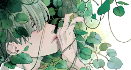 HD anime wallpaper featuring a close-up of an anime boy partially hidden among lush green leaves and vines, blending nature with serene expression.