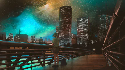 Anime girl stands on a city bridge at night under a starry sky, with illuminated skyscrapers creating a vibrant, atmospheric HD PC desktop wallpaper background.