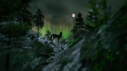 4K Ultra HD wallpaper of a wolf silhouetted against a full moon and vibrant aurora borealis in a fir tree forest at night.