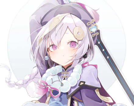 Qiqi (Genshin Impact) portrait — pastel purple outfit, holding her sword; 2K Quad HD PC desktop wallpaper background, video game character illustration.