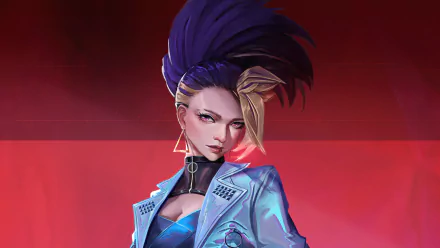 4K Ultra HD PC wallpaper of K/DA Akali from the video game League of Legends — neon-lit portrait with purple-blond hair, edgy jacket, and intense gaze against a red backdrop.