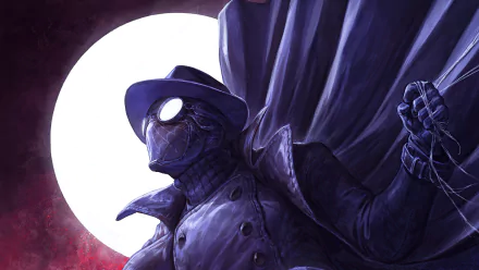 Spider-Man Noir in dark trench coat and hat, standing against a glowing full moon, detailed in comic style. 4K Ultra HD PC desktop wallpaper and background.