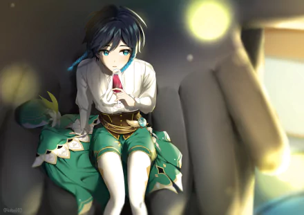 Venti (Genshin Impact) perched on a giant hand, sipping from a cup in his green bard outfit — 2K Quad HD PC desktop wallpaper for the Genshin Impact video game.